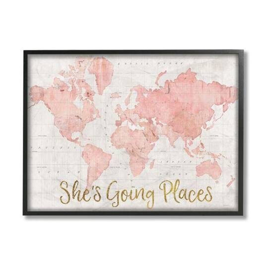 Stupell Industries She's Going Places Pink Watercolor World Map Black Framed Wall Art